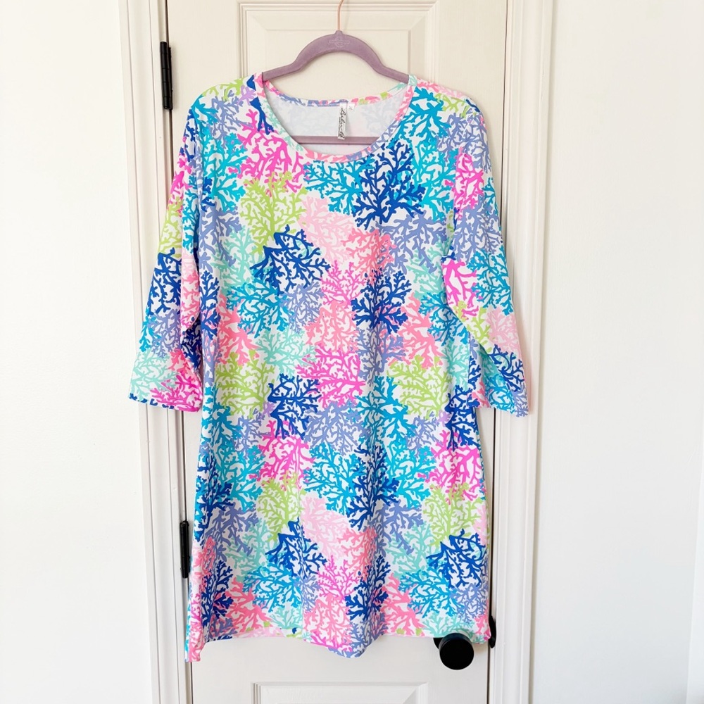 Lulu-B Travel Dress Neon Coral Print short sleeve crew neck dress xl